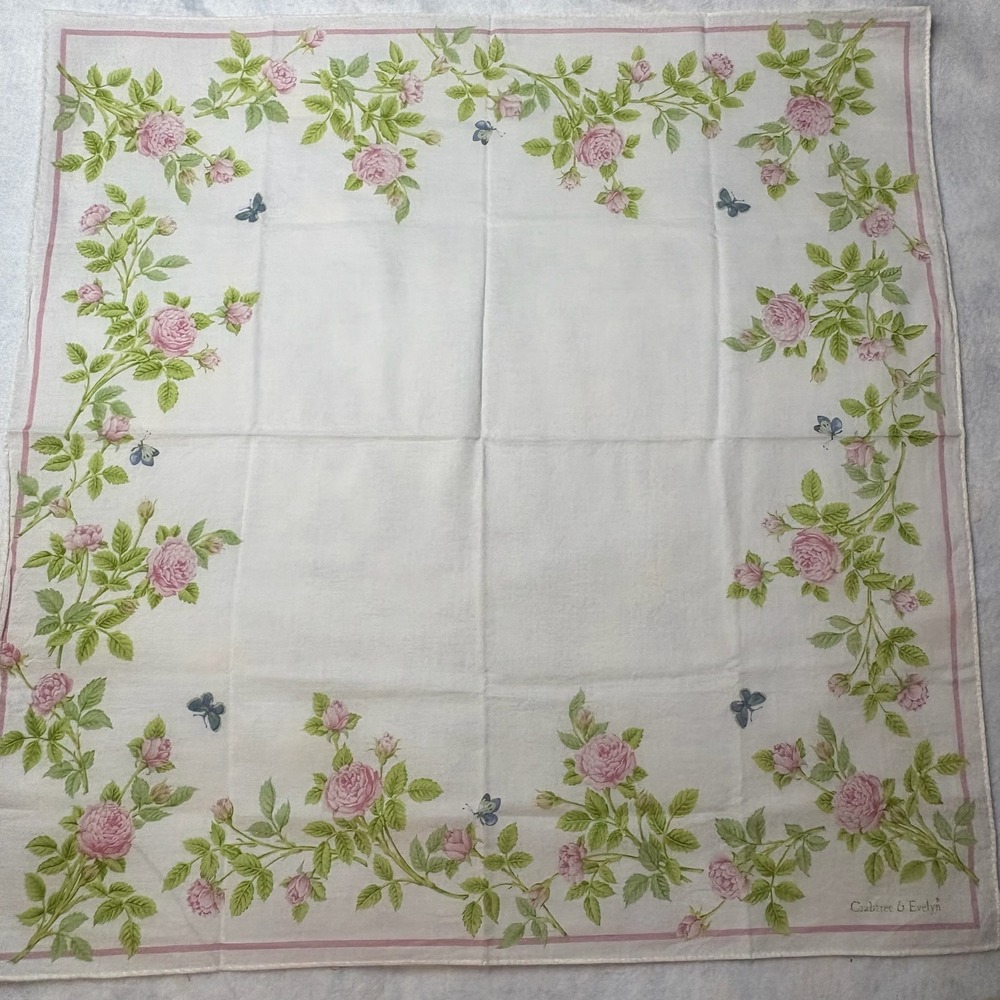 Vtg CRABTREE & EVELYN Scarf Handkerchief Rose Butterfly Floral Cotton Pink 19"